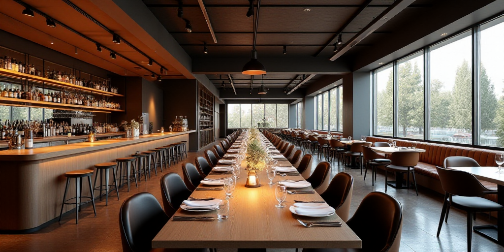 a restaurant with a large counter and a long dining table with place settings and chairs around it,