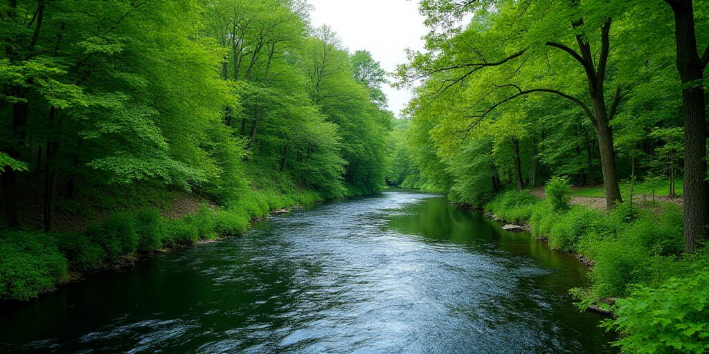 a river running through a lush green forest filled with trees and bushes, with a blue stream running