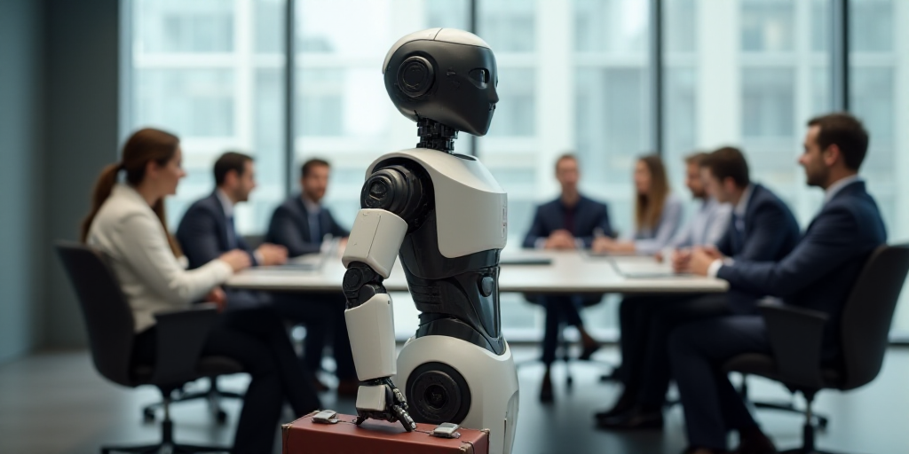 a robot holding a briefcase in front of a group of people sitting down and talking to each other in