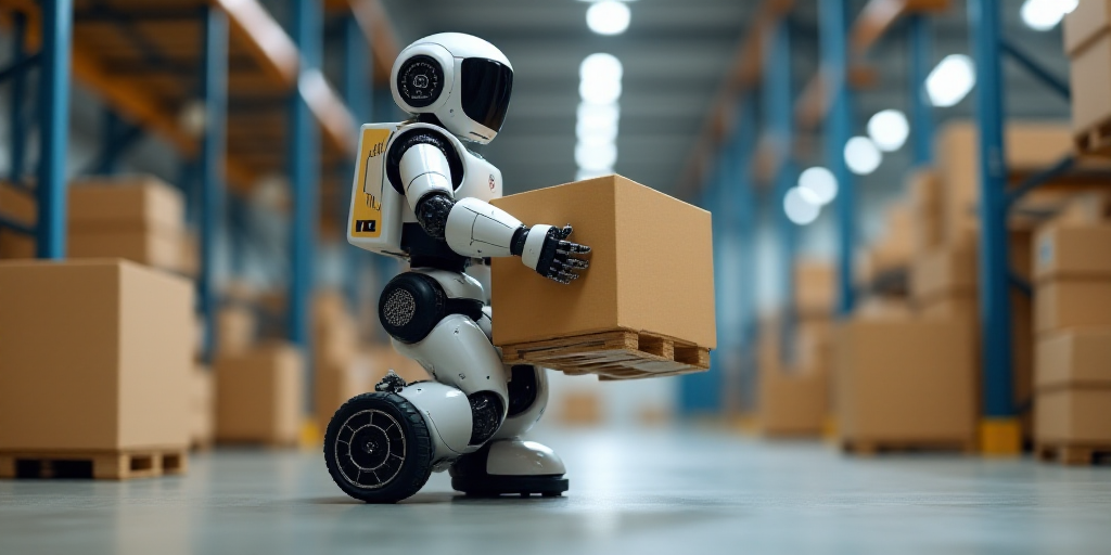 a robot is moving a box in a warehouse with pallets of boxes on the floor and a sign on the back of