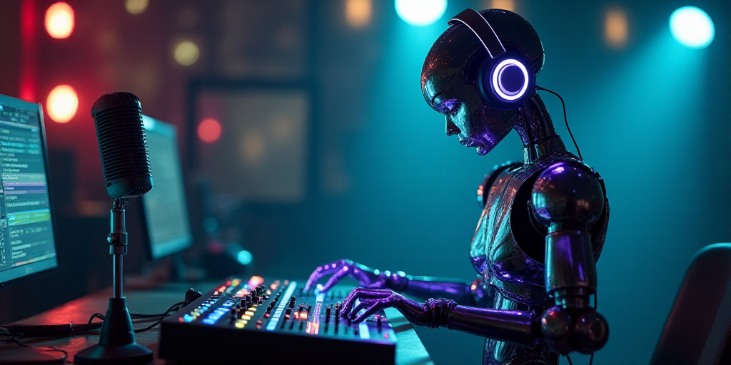 a robot with headphones on is next to a microphone and sound board with sound waves on it and a micr