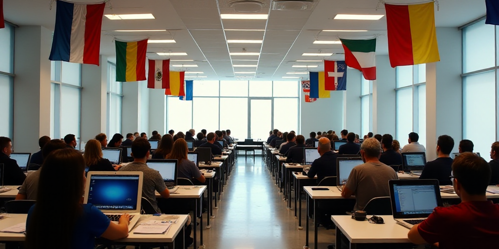 a room filled with people sitting at desks with laptops on their laps and flags hanging from the cei