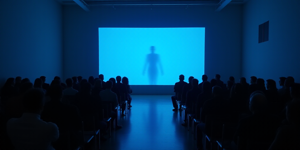 a room full of people sitting in chairs and a projection screen in the middle of the room with a blu