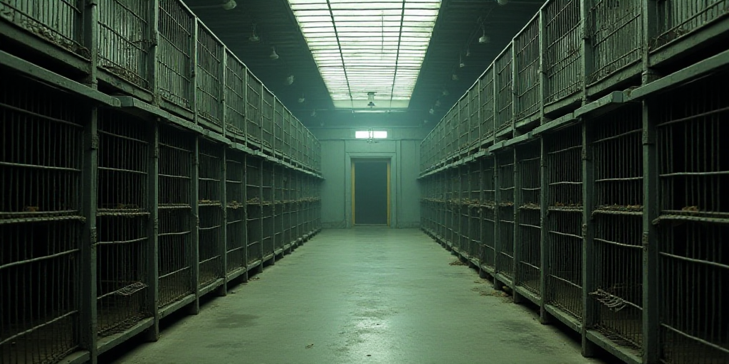 a room with a bunch of cages in it and a door in the middle of the room with a door, Ai Weiwei, dyst