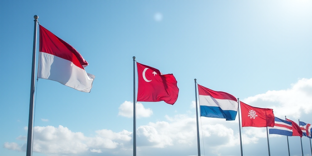 a row of flags blowing in the wind on a cloudy day with a blue sky in the background and a few cloud