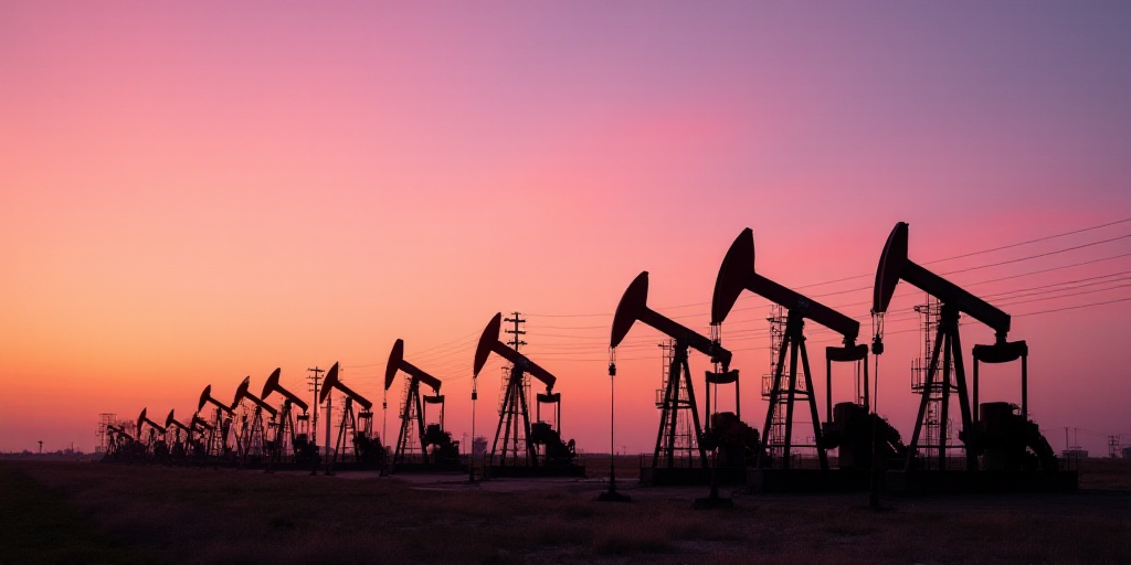a row of oil pumps sitting in a field at sunset with power lines in the background and a pink sky, E