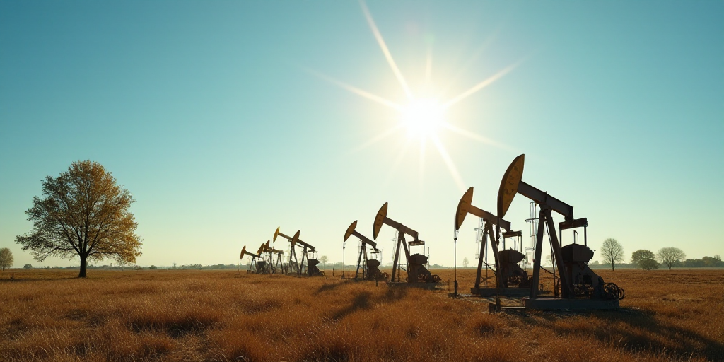 a row of oil pumps sitting in a field under a blue sky with the sun shining on them and a few trees,