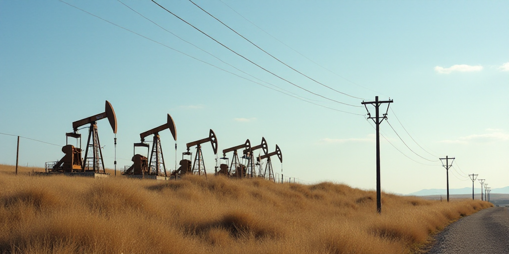 a row of oil pumps sitting on top of a hill next to a telephone pole and a telephone pole, Andries S