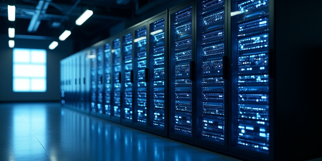 a row of servers in a data center with bright lights shining on them and a large window in the backg