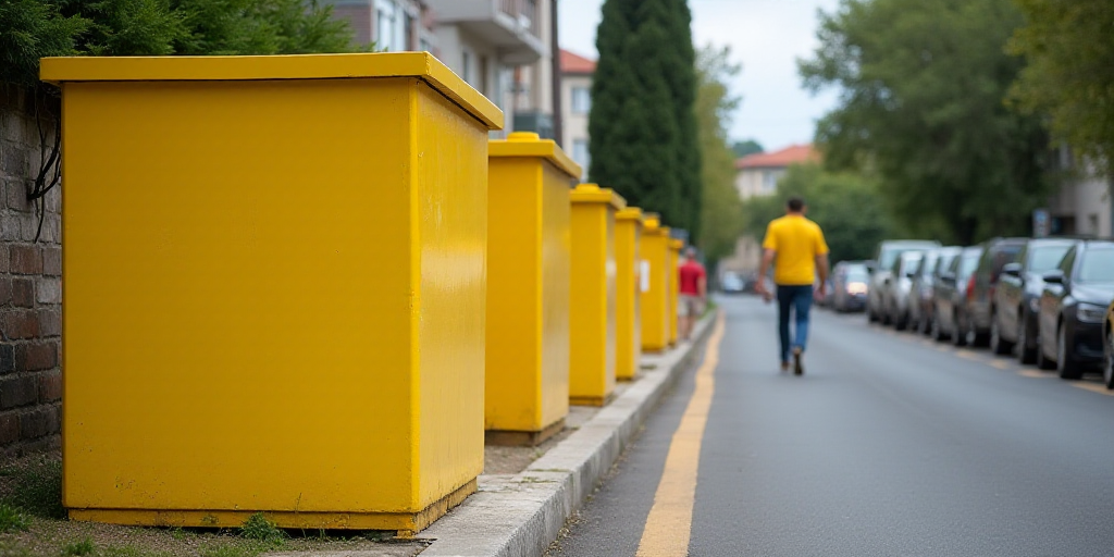 a row of yellow boxes sitting on the side of a road next to parked cars and a man in a yellow shirt,