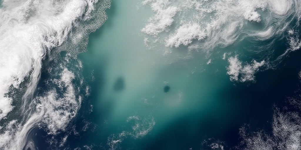 a satellite image of a large body of water in the ocean with a large amount of clouds above it, Aqui