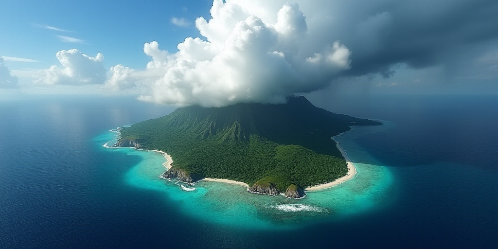 a satellite image of a tropical island in the ocean with a cloud covering the sky and a satellite im