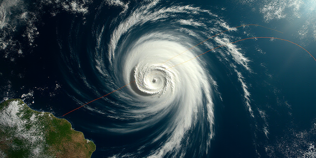 a satellite image of a tropical storm in the middle of the ocean with a red and yellow line on the m