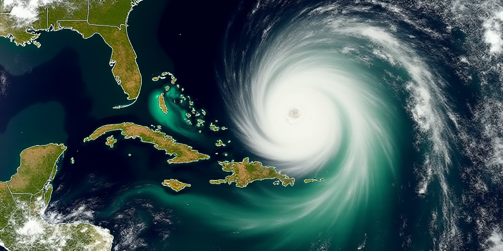 a satellite image of a tropical storm in the ocean with a red and yellow area on the left and a gree