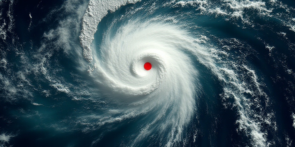 a satellite image of a tropical cyclone in the ocean, with a red dot in the center of the image, Don