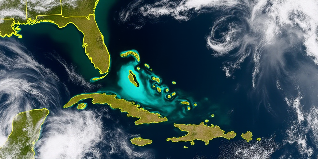 a satellite image of a tropical region with a lot of water and land cover in it and a lot of clouds,
