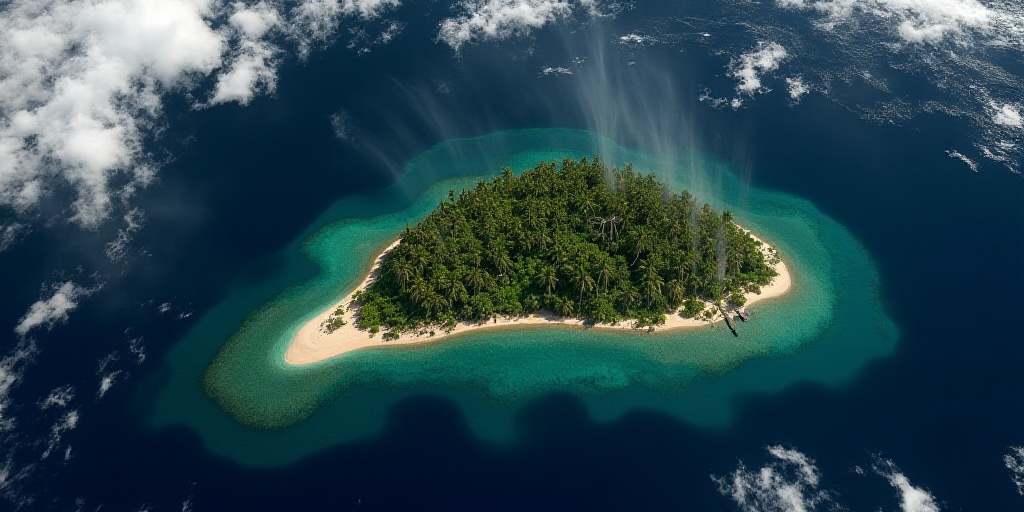 a satellite image of a tropical island with a lot of water and land cover in the background and a ma