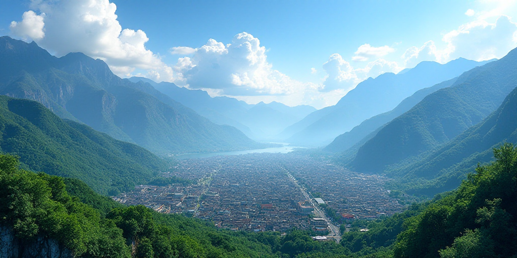 a scenic view of a mountain town surrounded by trees and mountains in the background is a blue sky w