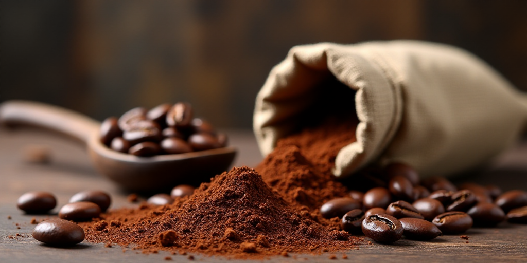 a scoop of cocoa next to a bag of cocoa beans and a scoop of cocoa beans on a wooden table, Boetius