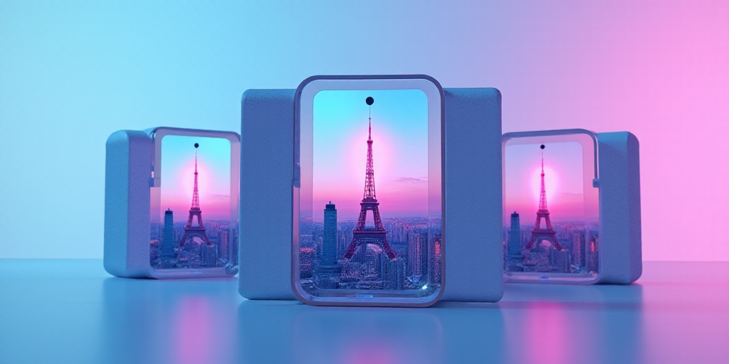 a series of images with a tower and a cell phone in the middle of them, and a blue and pink backgrou