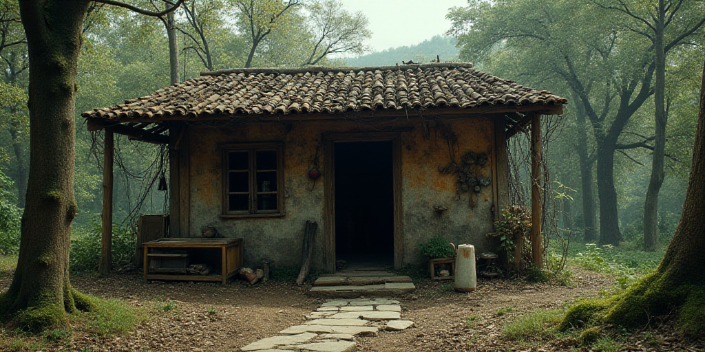 a shack with a bunch of objects hanging on it's roof and a lot of trees around it, Federico Uribe, h