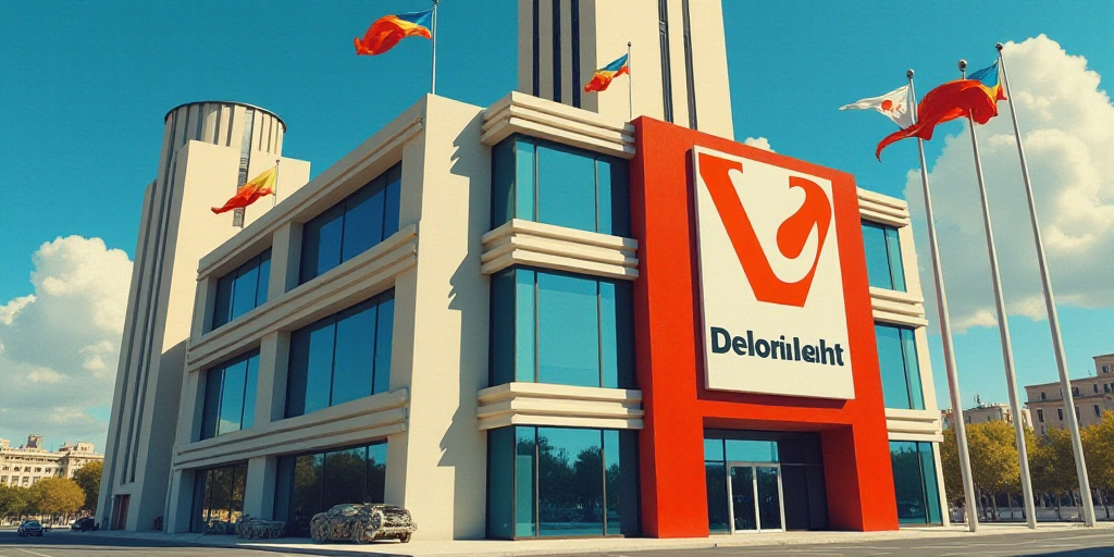 a sign for a bank in front of a tall building with flags flying in the wind in the city, Federico Ur