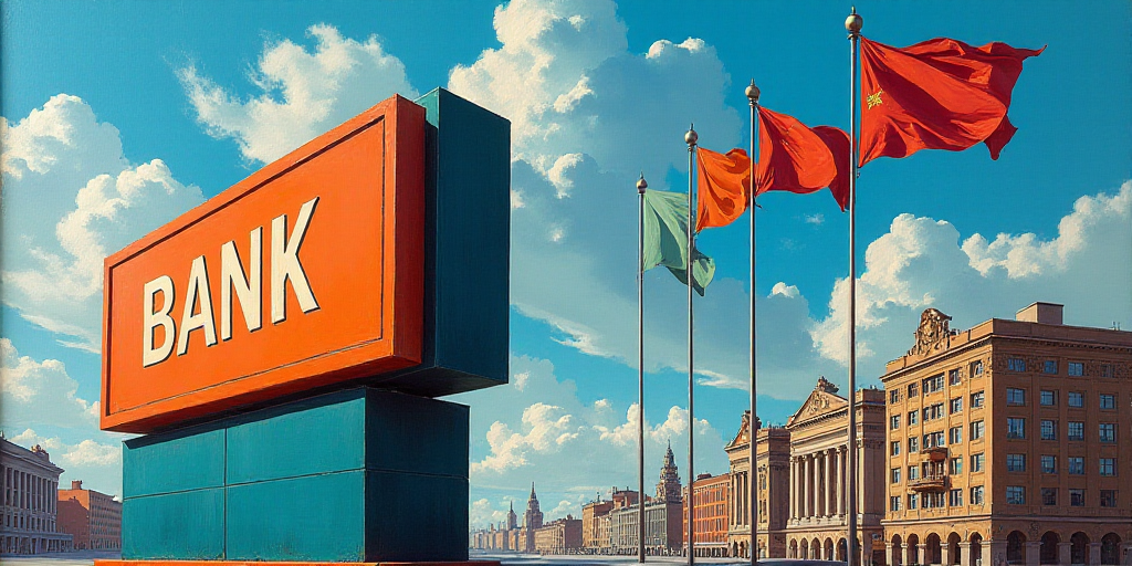 a sign for a bank in front of a tall building with flags flying in the wind in the city, Federico Ur