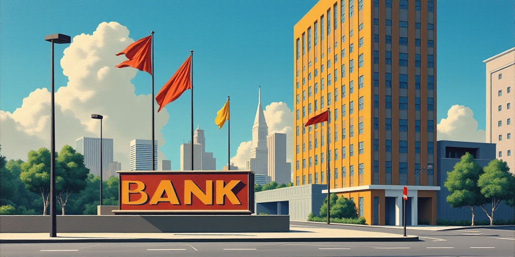 a sign for a bank in front of a tall building with flags flying in the wind in the city, Federico Ur