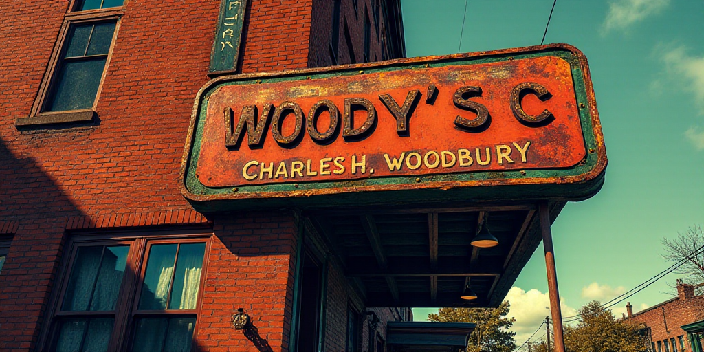 a sign for a building that says woody's on it's side of it's building, Charles H. Woodbury, rich moo