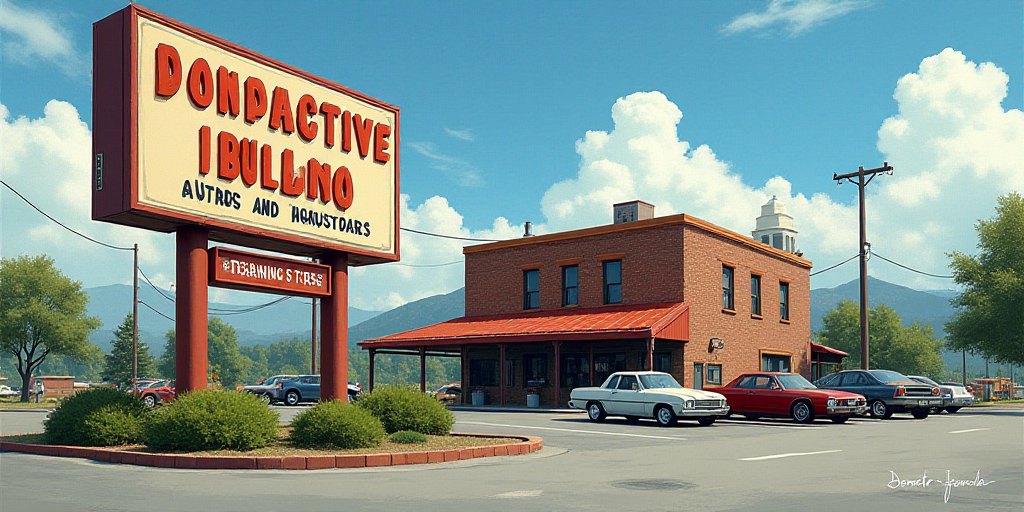 a sign for a building with a building in the background and a parking lot in front of it with cars p