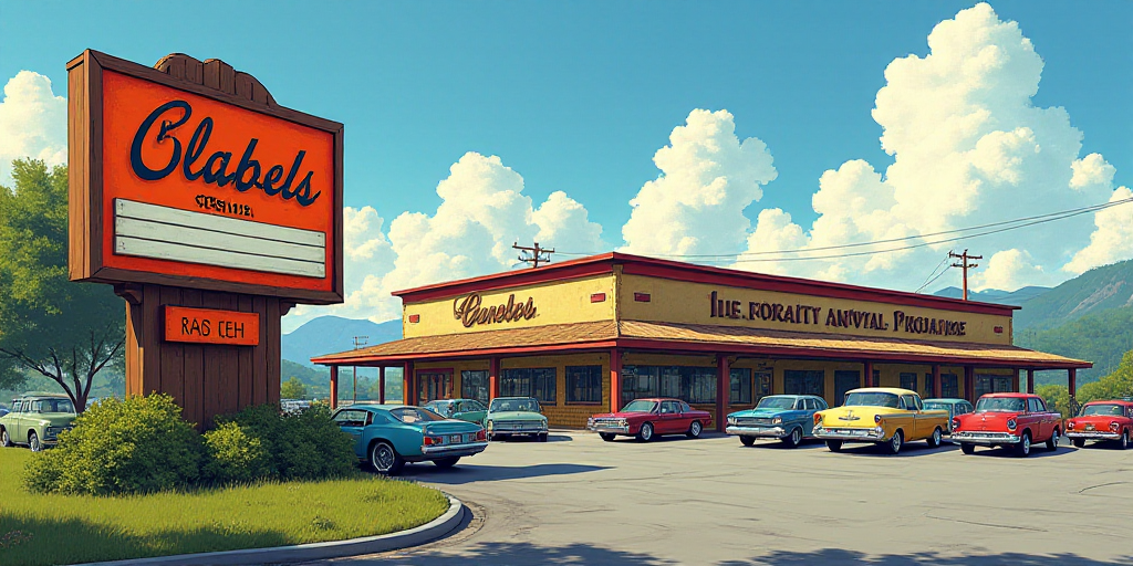 a sign for a building with a building in the background and a parking lot in front of it with cars p