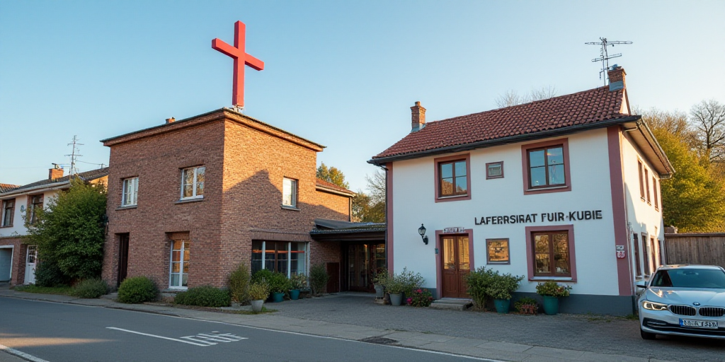 a sign for a building with a cross on top of it and a building with a sign for a business, Bettina H