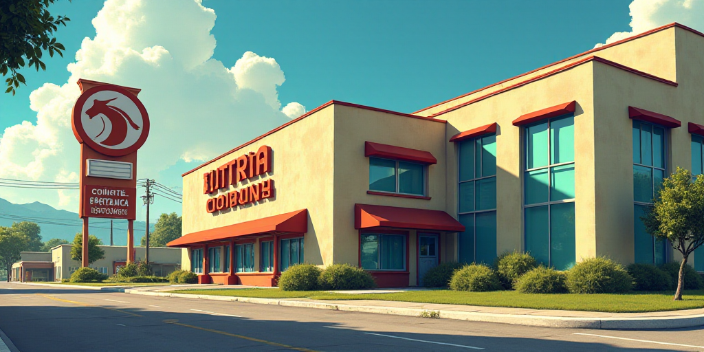 a sign for a company in front of a building with a horse head on it's side and a large building with