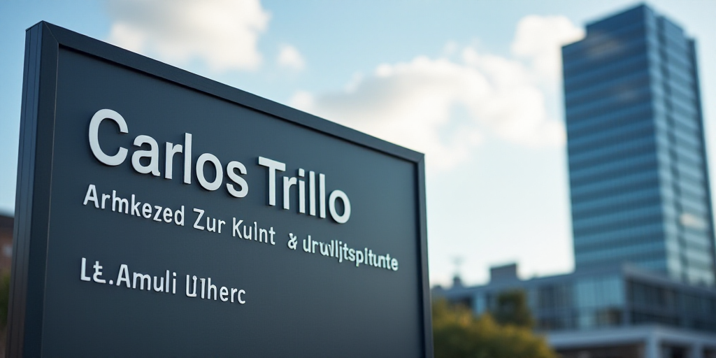 a sign for a company in front of a building with a sky background and a skyscraper in the background