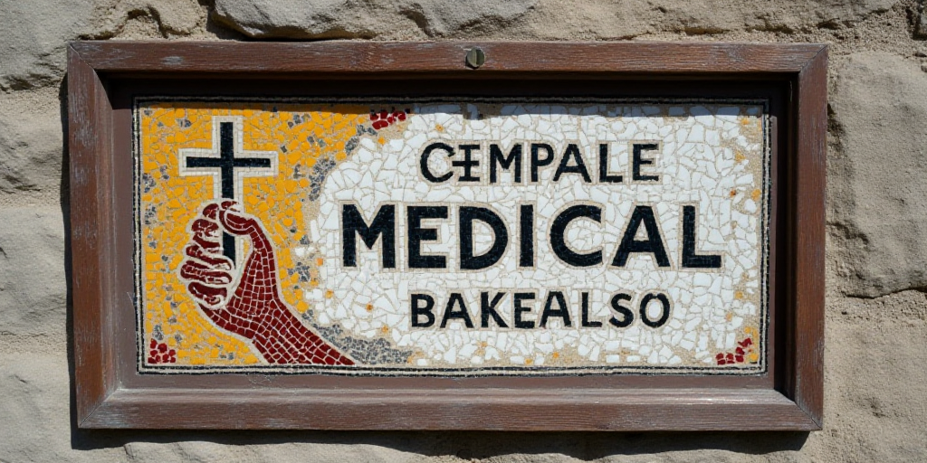 a sign for a medical office in a foreign country, with a picture of a hand holding a cross, Bernardi