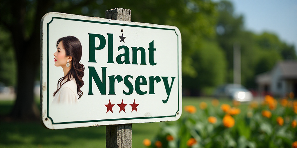 a sign for a plant nursery with a woman's profile on it's side and a star on the bottom, An Gyeon, t