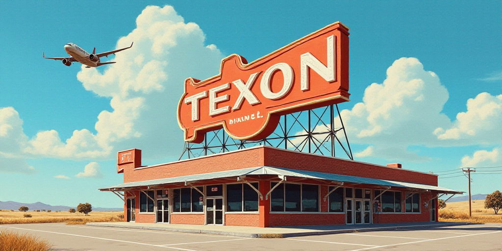 a sign for a texon store on a building with a sky background and a plane flying overhead in the back