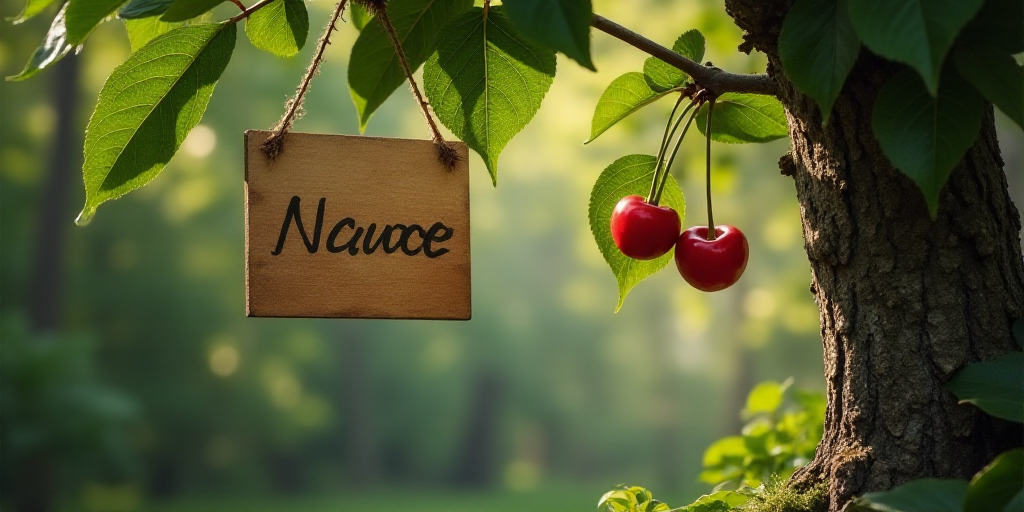 a sign hanging from a tree in a forest with a name written on it and two cherries hanging from a bra