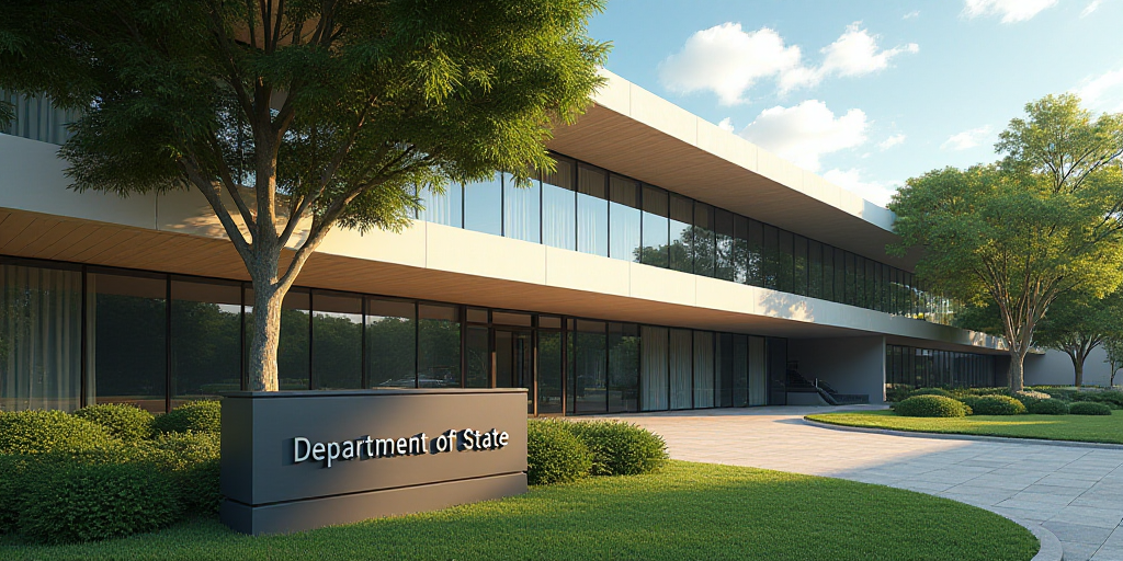 a sign in front of a building that says department of state on it and trees in front of it, Afewerk