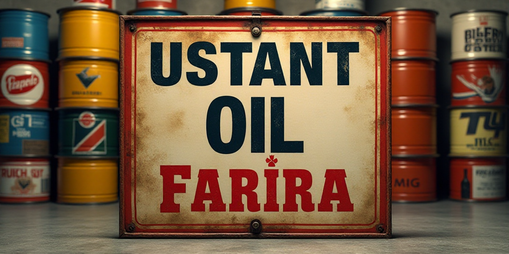 a sign is in front of a large stack of oil cans and cans of oil are in the background, Constant Perm