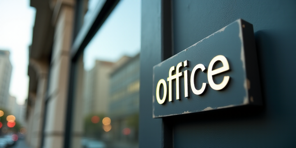 a sign on a building that says office in spanish and english and a building with a glass window behi