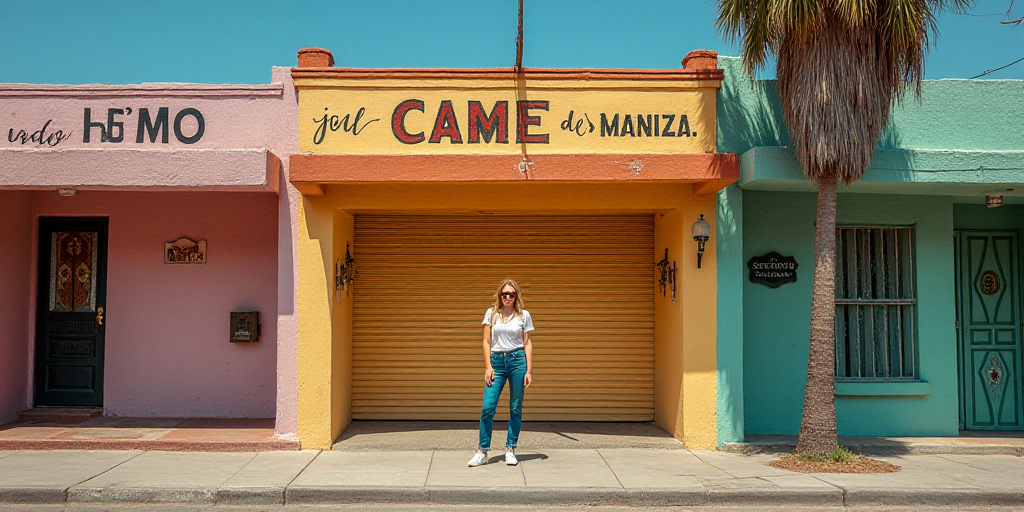 a sign on a building that says came in spanish and english and a woman is standing in front of it, C