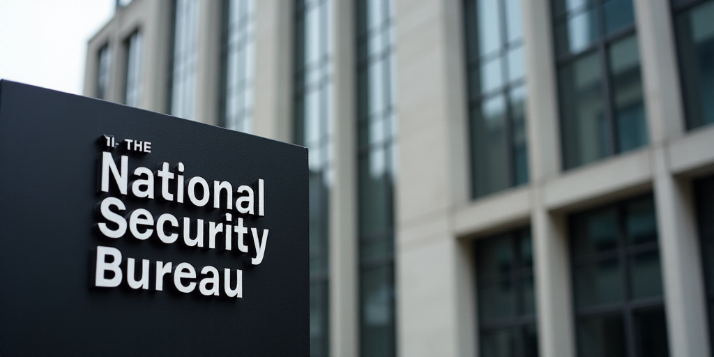 a sign on a building that says the national security bureau on it's side in front of a building, Év
