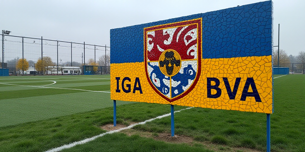 a sign on a soccer field that says iga bbva exyanson way on it's side, Carles Delclaux Is, logo, a m
