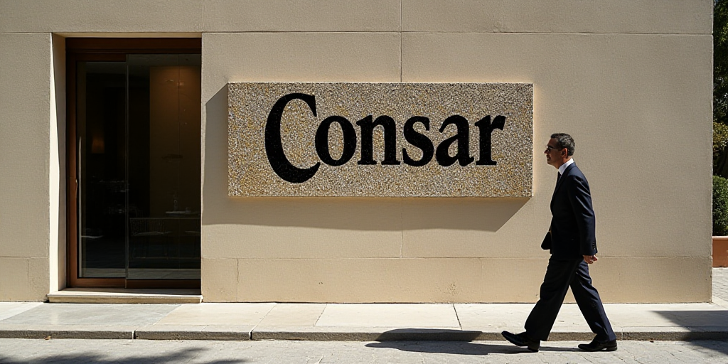 a sign on a wall that says consar in a building with a glass door and a man walking by, Conrad Marca