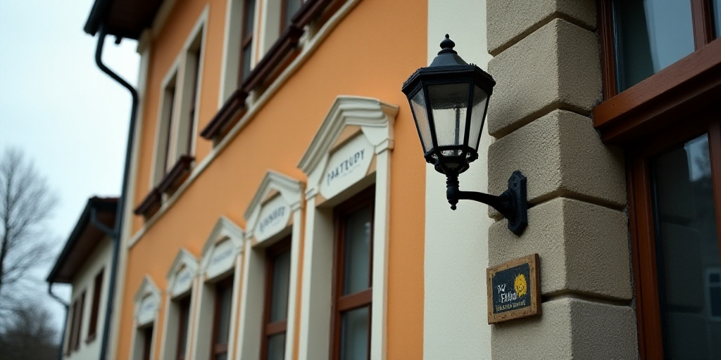 a sign on the side of a building that says natrupy on it and a street light on the side of the build