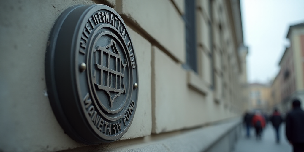 a sign on the side of a building that says international monetary fund on it's side and a logo on th