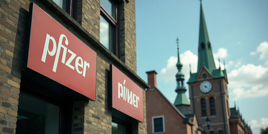 a sign on the side of a building that says pfizer on it's side and a building with a clock on it, Al