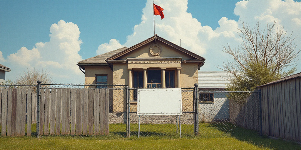 a sign that is on a fence in front of a building with a building in the background and a flag on top