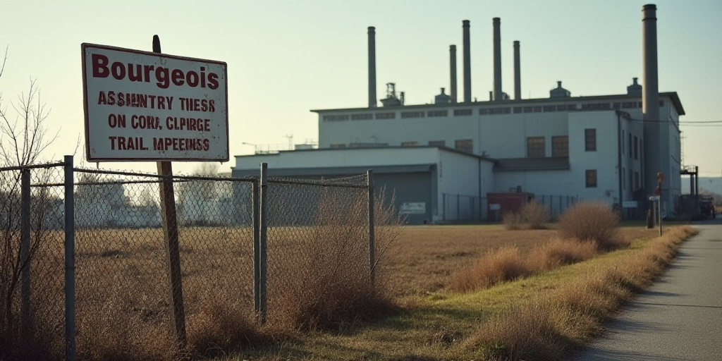 a sign that is on a fence near a building with a factory in the background and a building with a lar